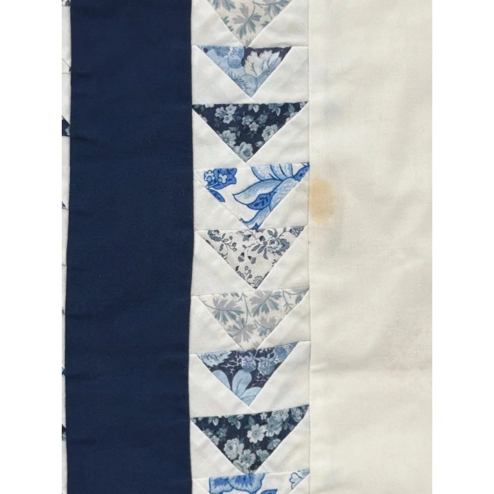 Handmade Quilted Table Runner Navy Blue Cream Flying Geese Floral Patchwork 68